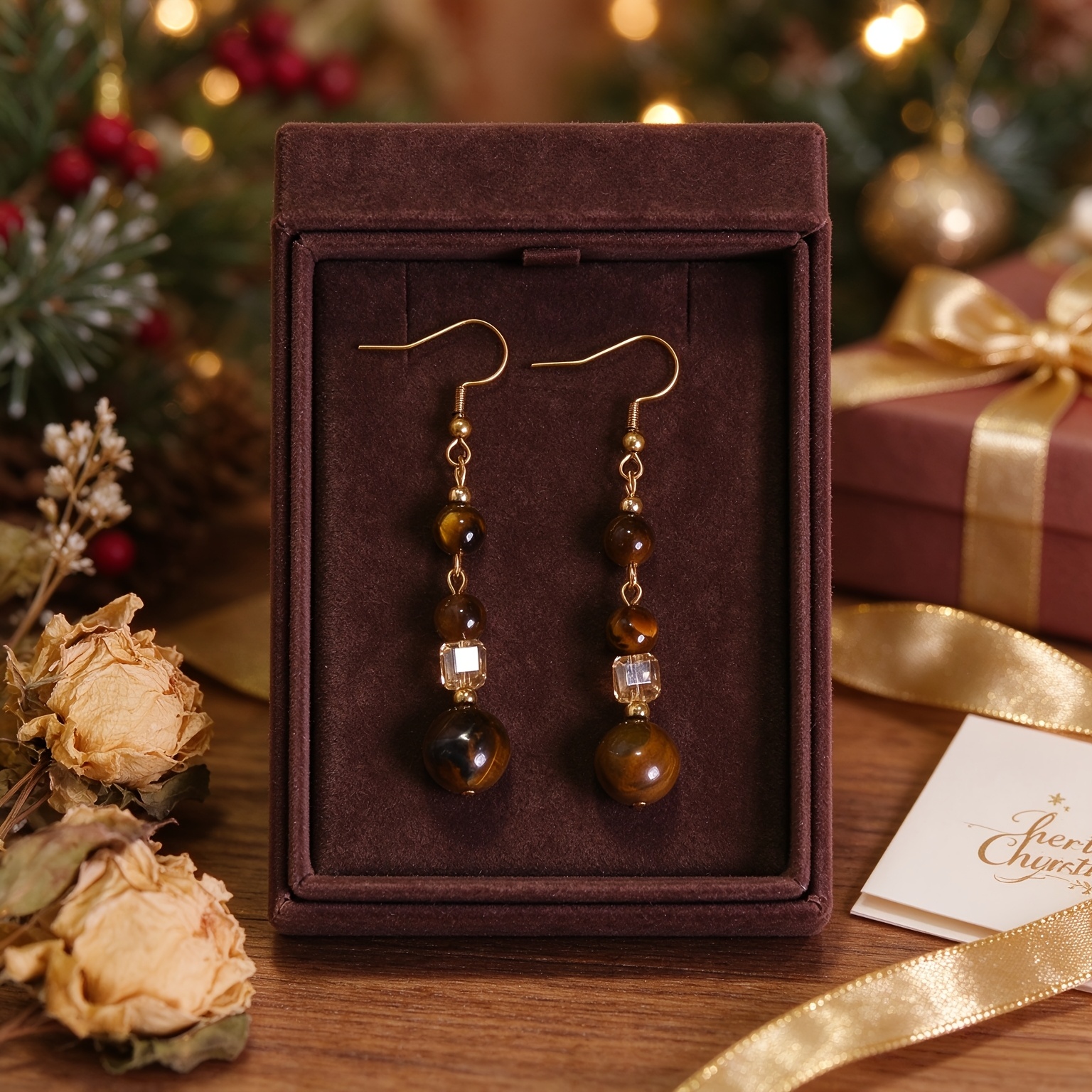 Women's Vintage Boho Tiger-Eye Beaded Dangle Earrings
